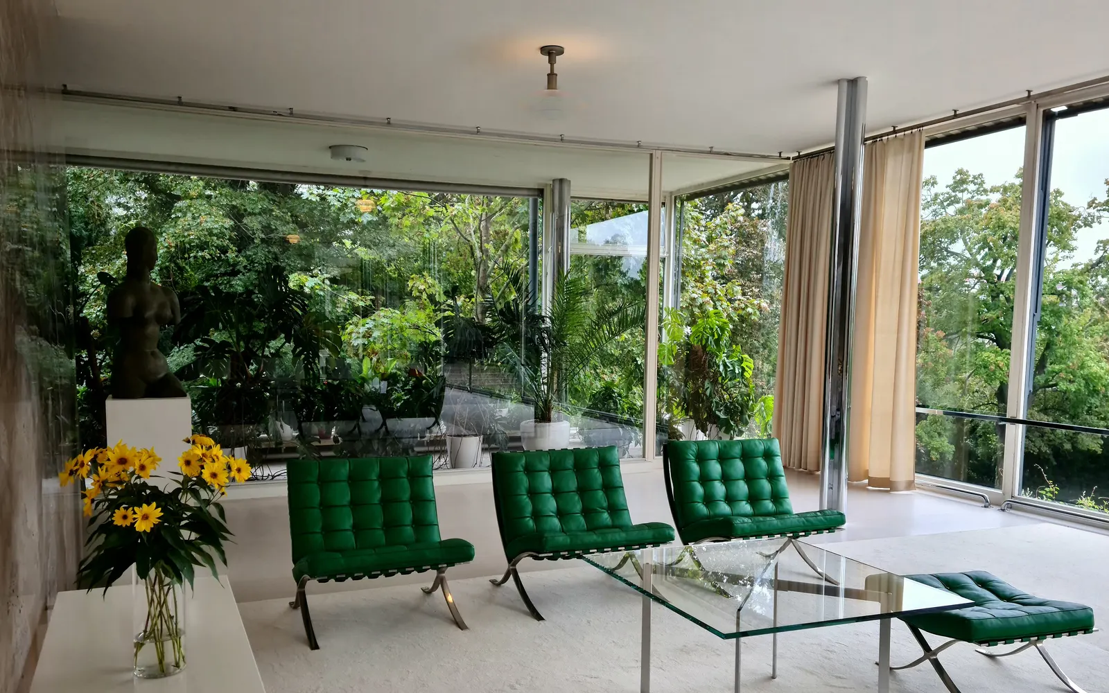 The main living room of Villa Tugendhat with green Barcelona chairs set before the tall glass wall